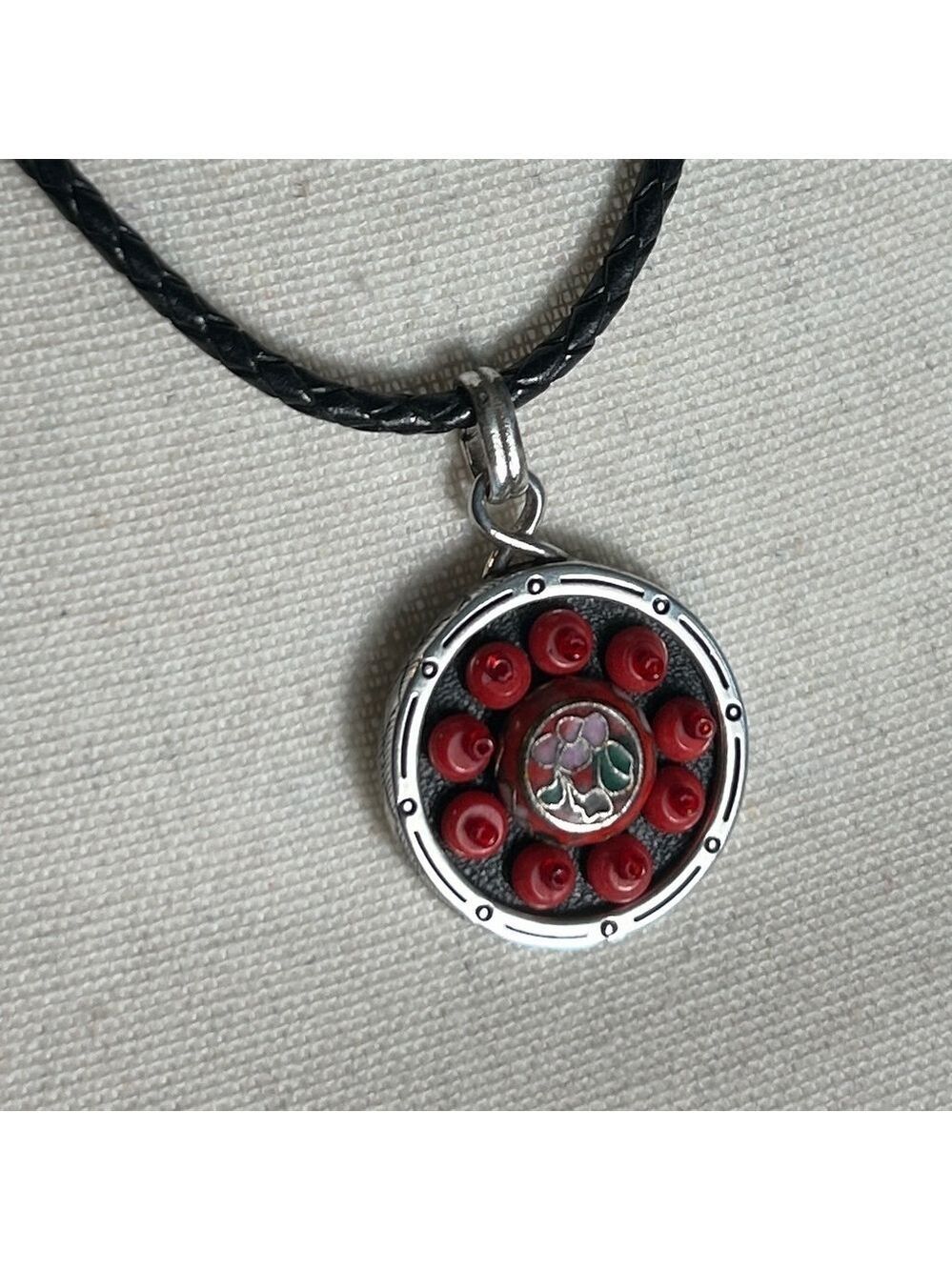 Brighton Pagoda Necklace Leather Cord Chain Silver Plated Red Green Medallion - Picture 2 of 13